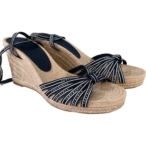 Tory Burch Ribbon Espadrille Wedge Jute Sandal Perfect Navy Size 10M - Picture 2 of 8